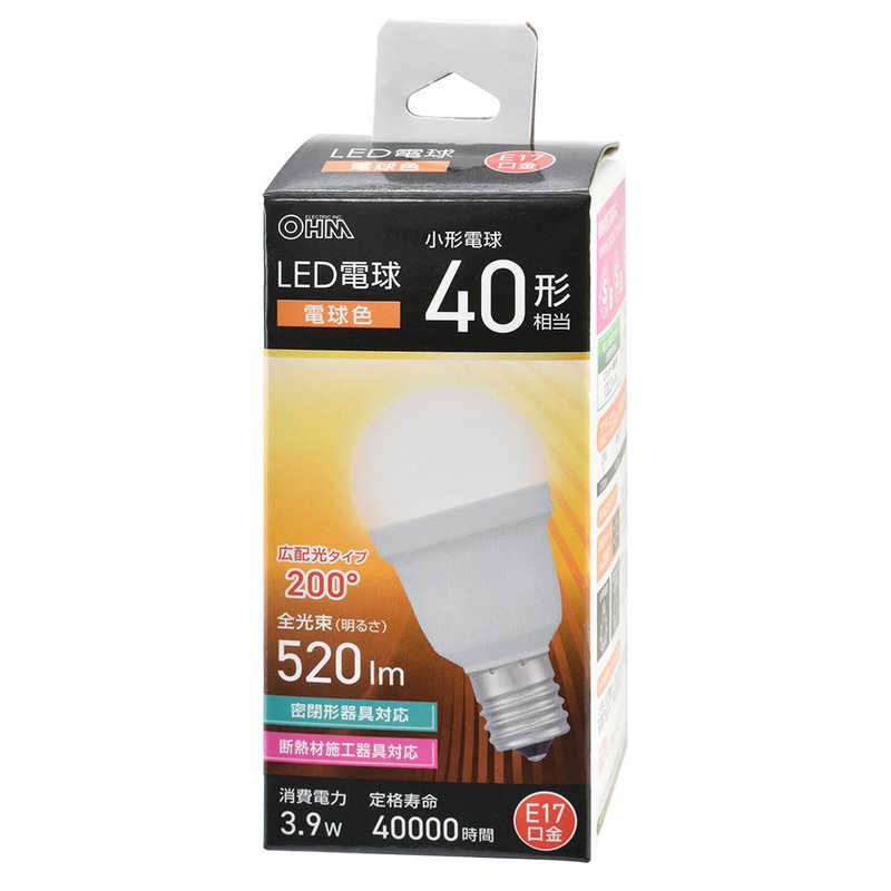 オーム電機 OHM ELECTRIC LED電球 小形 E17 広配光タイプ 40形相当 電球色 LDA4L-G-E17 IS53