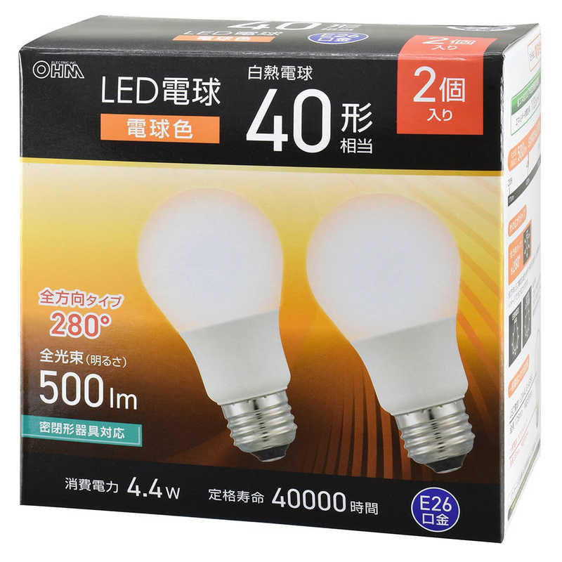 オーム電機 OHM ELECTRIC LED電球 E26 全方向タイプ 40形相当 電球色 2個入 LDA4L-G AG59 2P