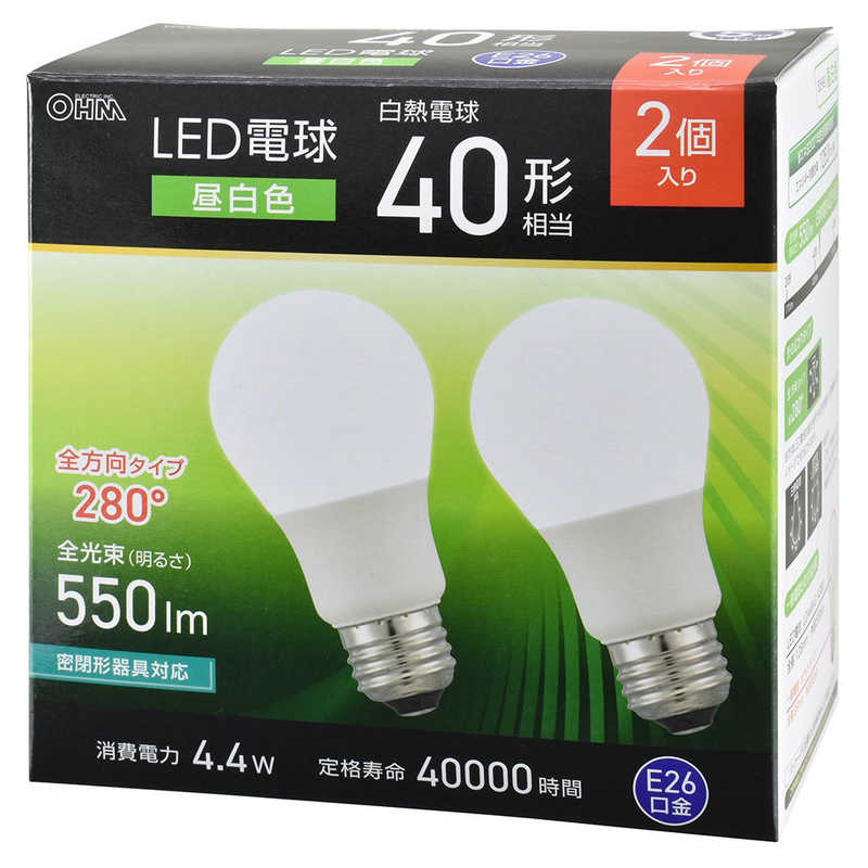 オーム電機 OHM ELECTRIC LED電球 E26 全方向タイプ 40形相当 昼白色 2個入 LDA4N-G AG59 2P