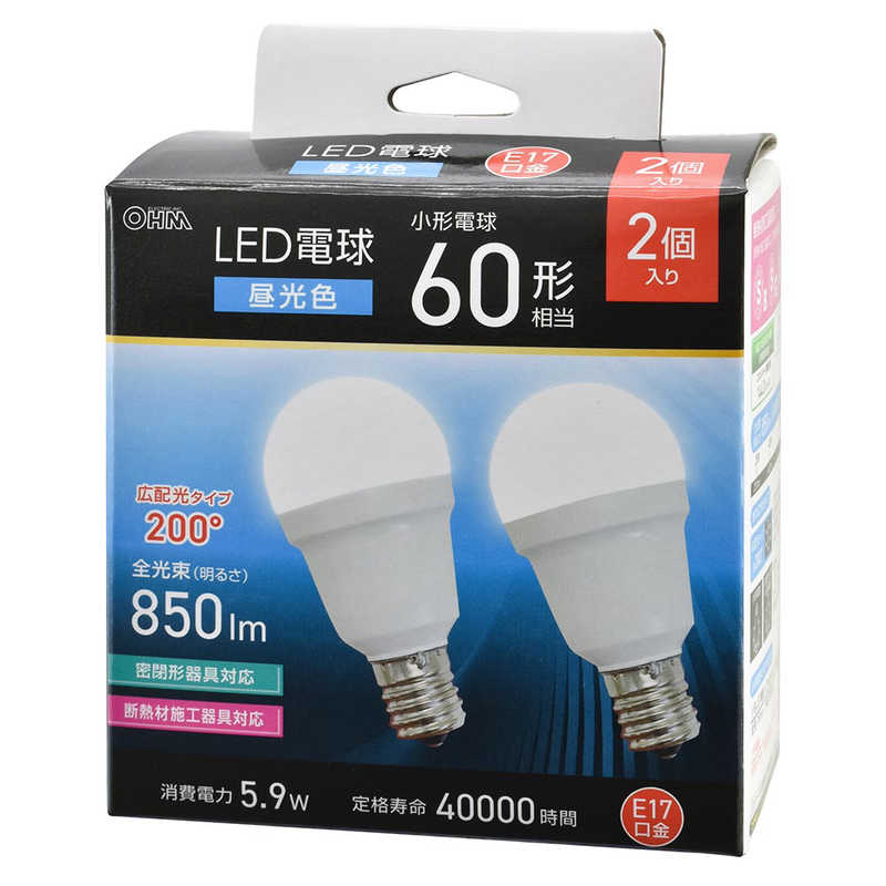 オーム電機 OHM LED電球小形E1760形相当昼光色2個入LDA6D-G-E17IS532P