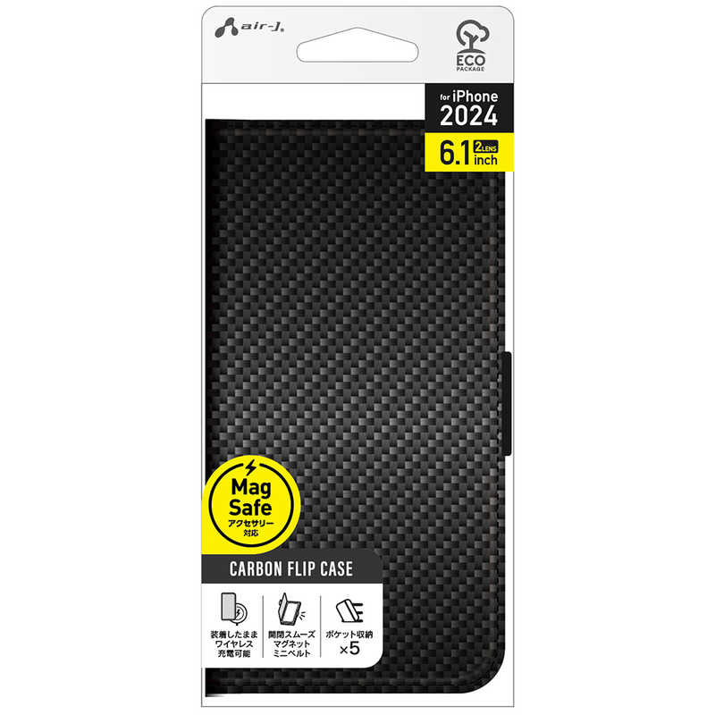 エアージェイ air-j iPhone 16用MAGSAFE対応 手帳型PBケース カーボン AC-P24-PB CB