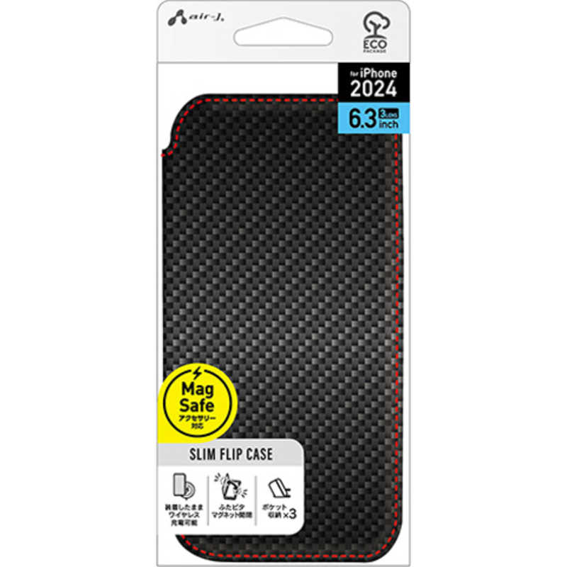 エアージェイ air-j iPhone 16 Pro用MAGSAFE対応 スリム手帳型ケース カーボン／レッドライン AC-P24P-PMB CBR