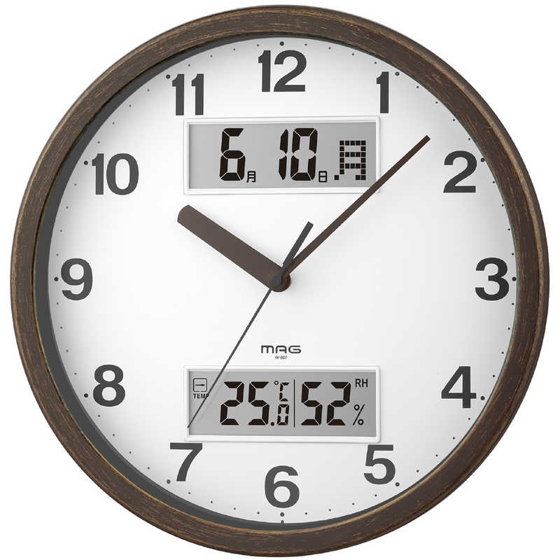 MAG 木目調の多機能時計 アナデジ掛時計 ダブルポイント ブラウン 木目調 W-807 BR-Z