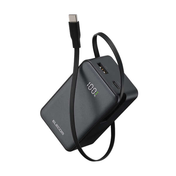 エレコム ELECOM 巻き取り式ケーブル一体型モバイルバッテリー(10000mAh/22．5W) ブラック DE-C80L-10000BK