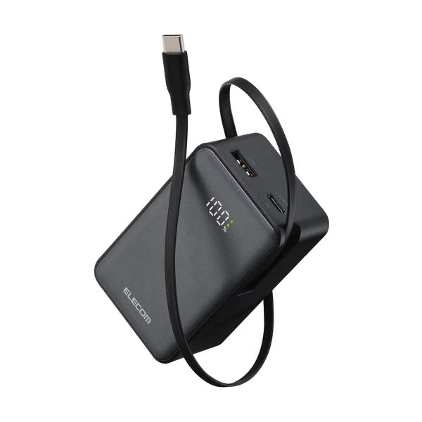 エレコム ELECOM 巻き取り式ケーブル一体型モバイルバッテリー(10000mAh/45W) ブラック DE-C81L-10000BK