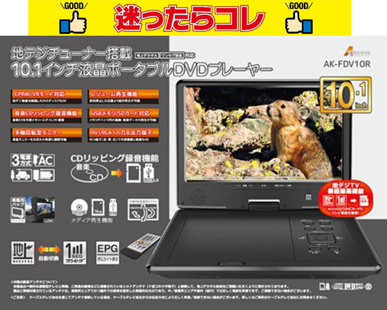 【SALE】AKART アカート ポータブルDVDプレーヤー 10.1インチ フルセグ搭載 AK-FDV10R