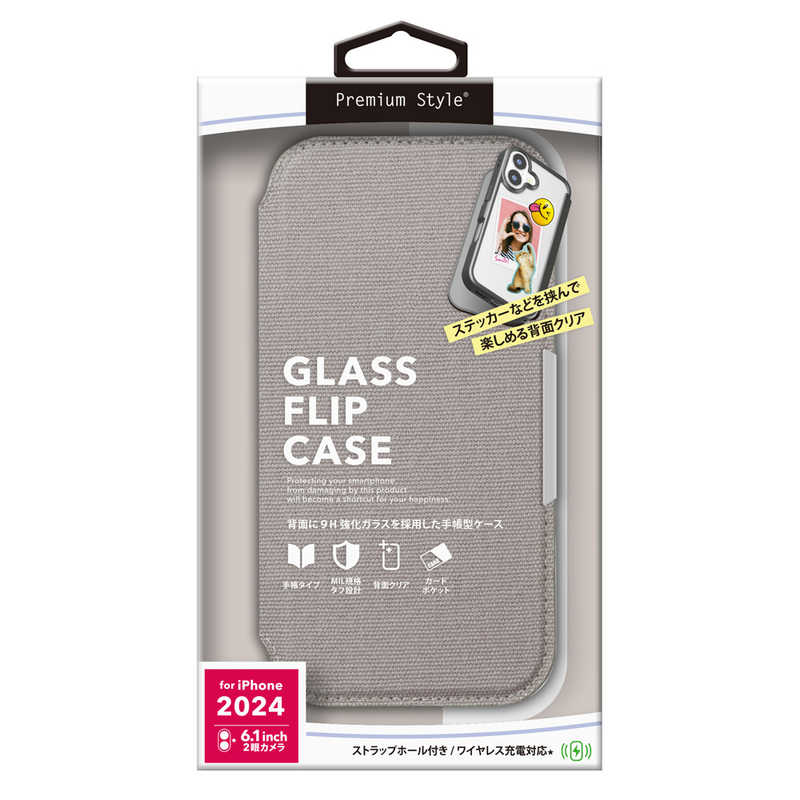 PGA iPhone 16用 ガラスフリップケース [キャンバス/ライトグレー] PG-24AGF08GY