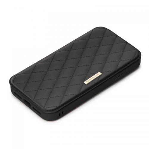 PGA iPhone 13 Pro 3眼 ガラスフリップケース Premium Style キルティング調ブラック PG-21NGF07BK