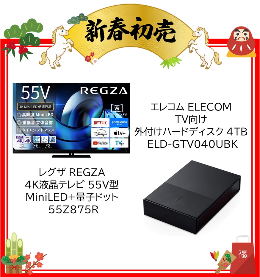 【2026年 福袋】レグザ REGZA 4K液晶テレビ 55V型 MiniLED+量子ドット 55Z875R・エレコム ELECOM TV向け 外付けハードディスク 4TB ELD-GTV040UBK
