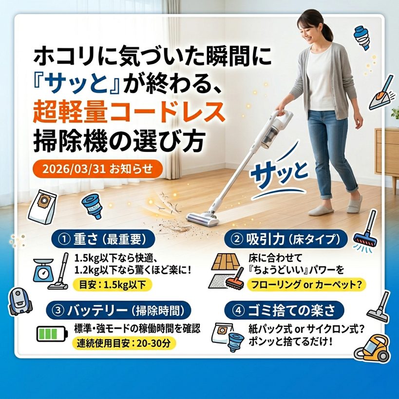 ホコリに気づいた瞬間に『サッと』が終わる、超軽量コードレス掃除機の選び方
